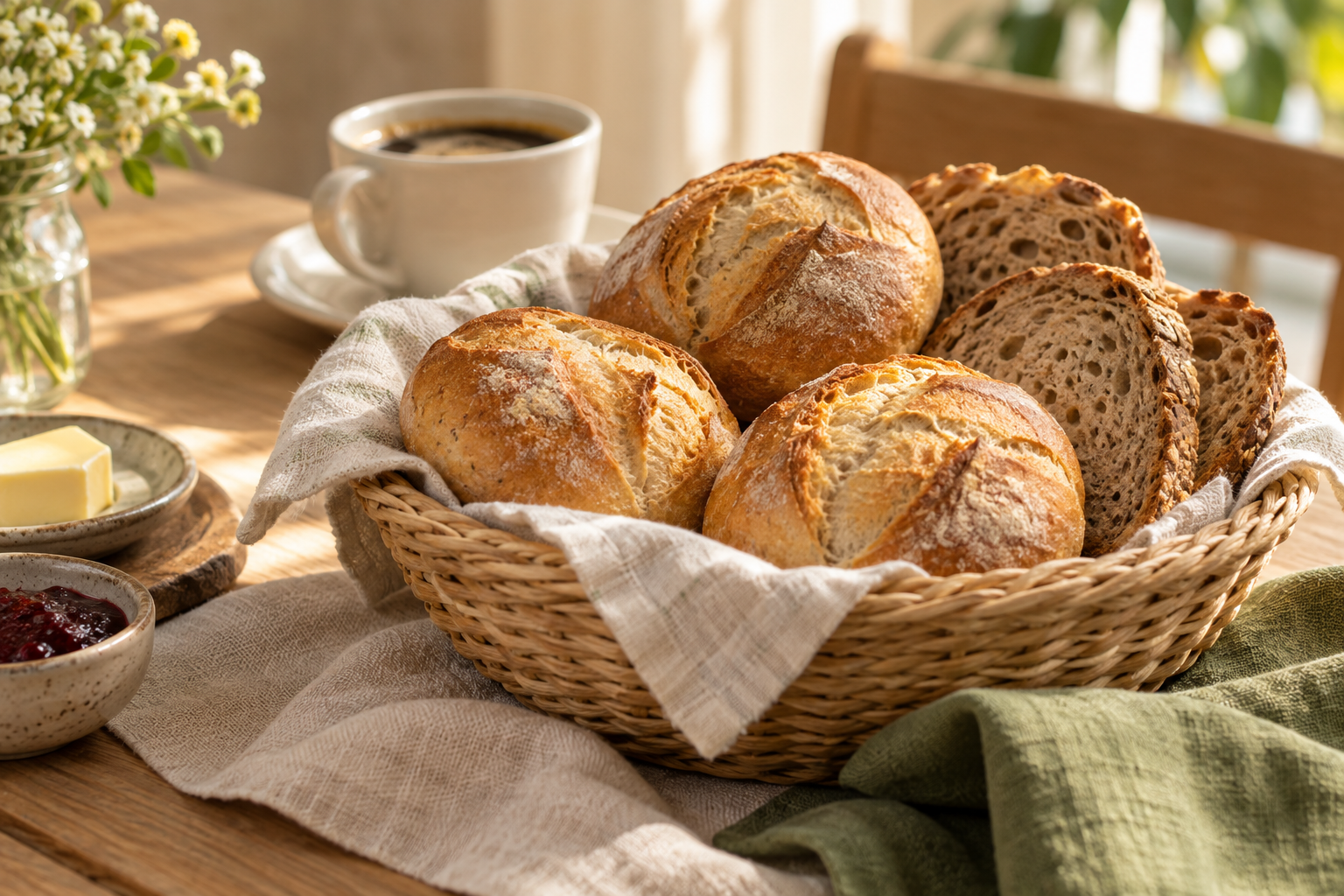 Brötchen und Brot in einem Korb auf einem hellen Frühstückstisch